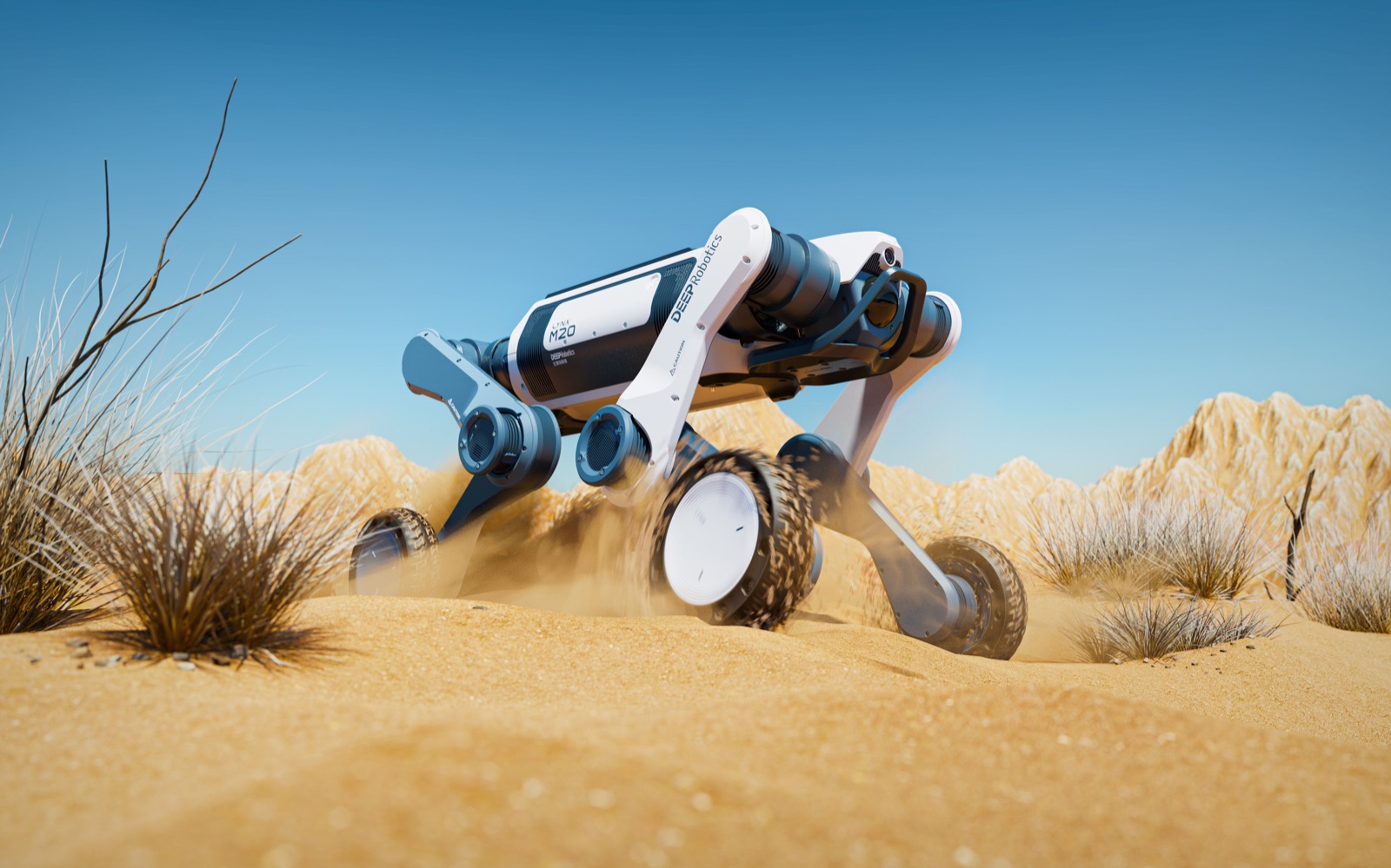 DEEP Robotics Lynx M20 wheel-leg robot driving through desert sand
