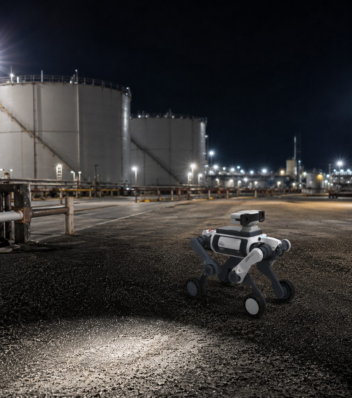 Inspection robot patrolling a tank farm at night